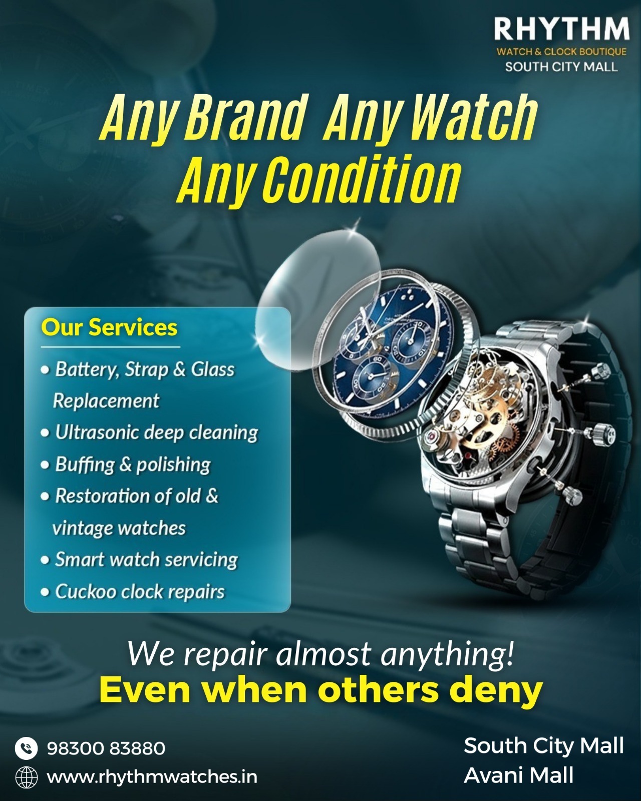 Professional watch technician servicing automatic watch at Rhythm